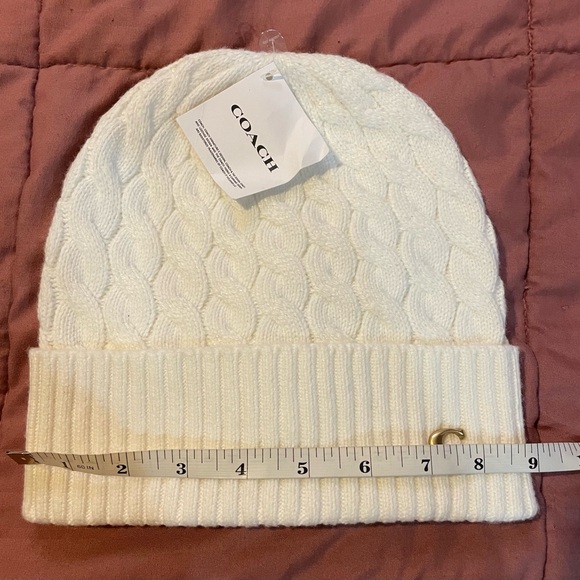 Coach White Knit Beanie with Gold Logo - Picture 11 of 16
